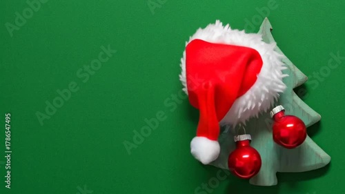 Video in stop motion style with wooden christmas tree decoration red baubles and Santa Clause hat