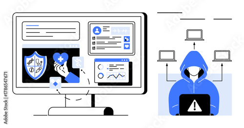 Computer screen with health data, shield badge, analytics next to hacker in hooded sweatshirt with laptop. Ideal for digital security, medical data safety, healthcare systems, online fraud