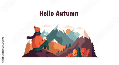 Person in warm clothing looking at a majestic autumn mountain landscape with colorful trees and sun