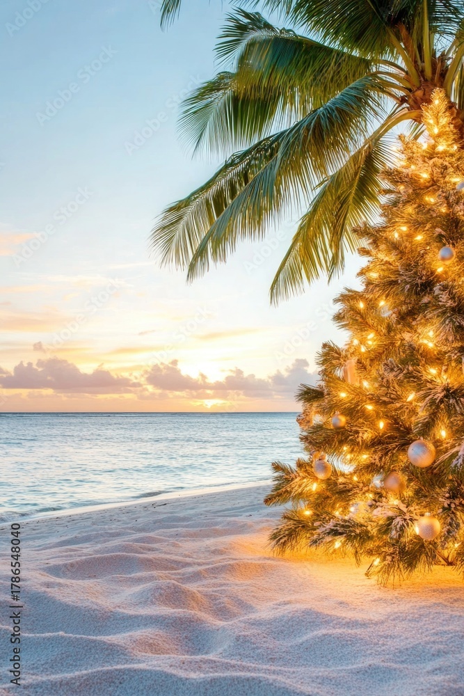 Fototapeta premium Tropical christmas tree on sandy beach at sunset with warm lights and palm trees