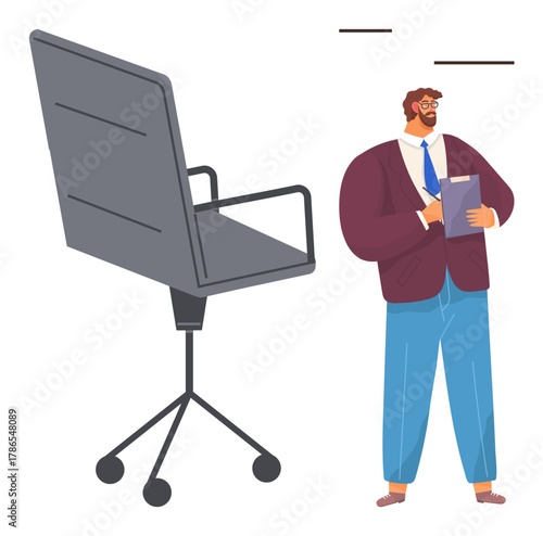 Businessman holding clipboard beside empty swivel chair, emphasizing leadership, recruitment, or workplace dynamics. Ideal for career, management, office culture, teamwork, HR productivity simple