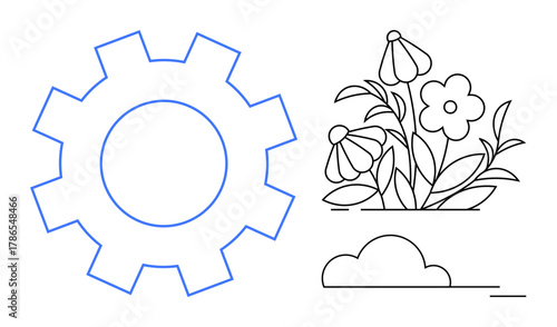 Gear alongside blooming flowers and a cloud suggests harmony between technology and natural growth. Ideal for innovation, eco-friendly ideas, sustainable development, growth, creativity, tech-nature