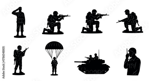 Silhouette illustrations of soldiers in various poses, including saluting, aiming, and communicating, with additional parachutist and tank scenes.