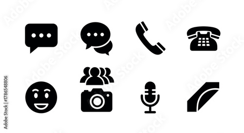 A collection of eight black silhouette icons depicting a speech bubble, conversation, phone, telephone, smiley face, group, camera, microphone, and pen.
