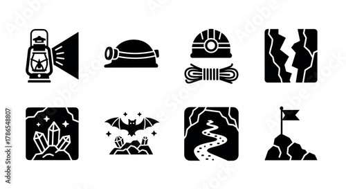 Silhouette icons depicting mining and speleology themes, including a lantern, helmets, rope, cracked ground, crystals, a bat in a cave, a winding path, and a flag on a peak.