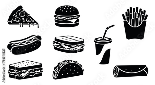 Black silhouette icons of fast food items including pizza slice, burger, fries, hot dog, sandwiches, taco, and soda with a straw.