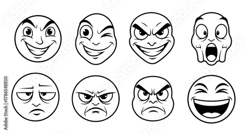 Eight black and white expressive emoji faces, each displaying different emotions such as joy, surprise, anger, and skepticism, shown in simple circular outlines.