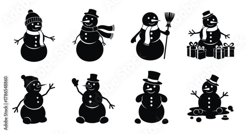 Silhouettes of eight snowmen in various winter attire and playful poses, featuring accessories such as hats, scarves, broom, and gifts.