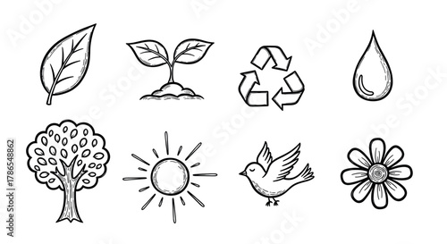 Hand-drawn black outline icons representing nature: leaf, seedling, recycle symbol, water droplet, tree, sun, bird, and flower.