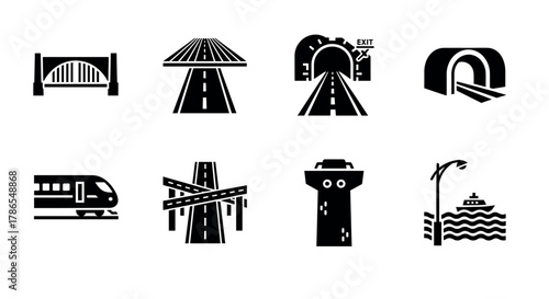 Black silhouette icons depicting various transportation infrastructure elements, including a bridge, highway, tunnels, train, roadways, control tower, and a ship.