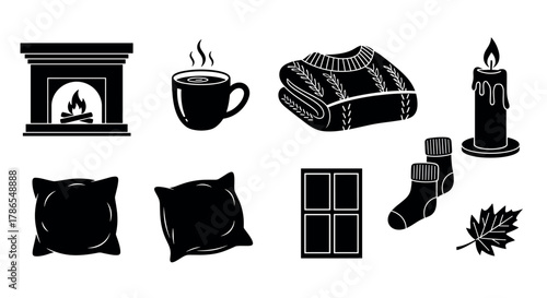 Black silhouette icons of a fireplace, steaming mug, folded sweater, lit candle, pillows, window, socks, and a maple leaf, symbolizing cozy home comforts.