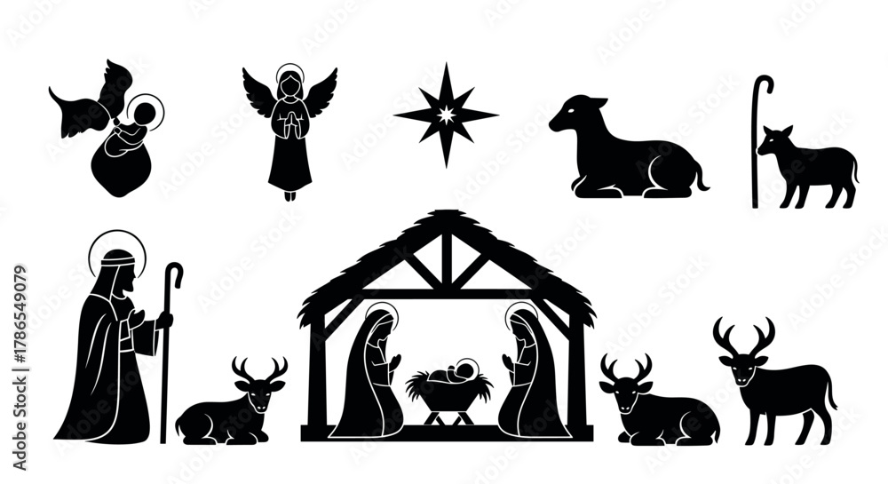 Fototapeta premium Black silhouette icons of a nativity scene with mary, joseph, baby jesus in a manger, surrounded by animals, angels, and a guiding star.