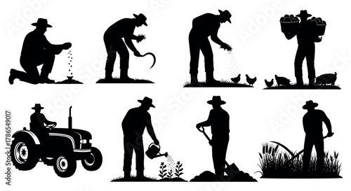 Silhouettes of male farmers engaging in various agricultural tasks, including planting, watering, and harvesting on a farm.