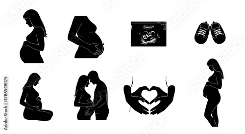 A collage of black silhouette icons representing various stages and aspects of pregnancy including pregnant women, a couple, an ultrasound, baby shoes, and hands forming a heart.