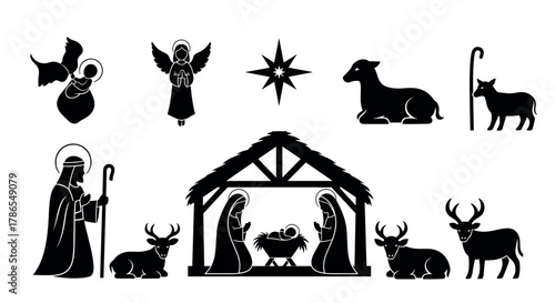 Black silhouette icons of a nativity scene with mary, joseph, baby jesus in a manger, surrounded by animals, angels, and a guiding star.