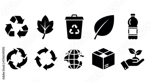 Black silhouette icons representing recycling, sustainability, and eco-friendly concepts including leaves, recycling symbols, a trash bin, a bottle, a globe, a box, and a hand with a sprout.