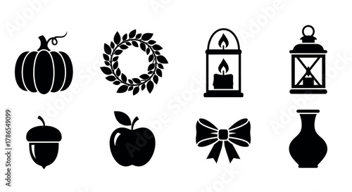 Black silhouettes of autumn-themed icons including a pumpkin, wreath, lanterns, acorn, apple, bow, and vase arranged in two rows.