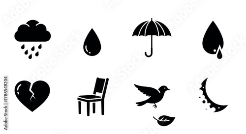Set of eight black silhouette icons including a rainy cloud, water droplet, umbrella, tear drop, broken heart, chair, bird with leaf, and crescent moon.