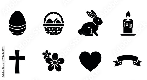 Black silhouette icons of easter symbols, including an egg, basket, rabbit, candle, cross, flowers, heart, and ribbon banner.