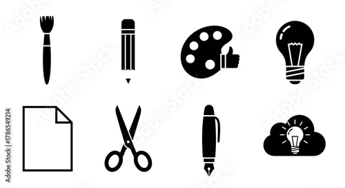 Set of eight black icons representing art and creativity tools, including a paintbrush, pencil, palette, light bulb, paper, scissors, pen, and light bulb in a cloud.