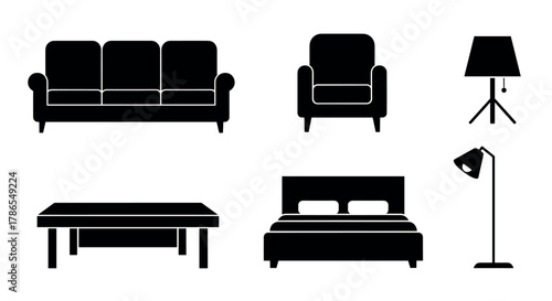 Black silhouette icons depicting a sofa, armchair, floor lamp, table, bed, and ceiling lamp. ideal for home decor and interior design concepts.
