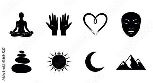 Set of eight black silhouette icons depicting yoga pose, hands raised, heart, face, balanced stones, sun, crescent moon, and mountain peaks.