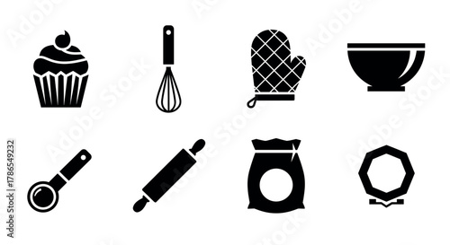 Black silhouette icons of baking items including a cupcake, whisk, oven mitt, mixing bowl, measuring spoon, rolling pin, flour bag, and medal.