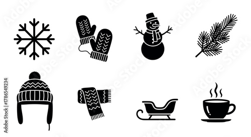 Black silhouette icons representing winter elements including snowflake, mittens, snowman, pine branch, hat, scarf, sled, and steaming cup.