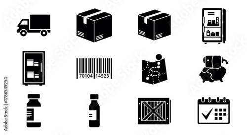 Black and white icons of a delivery truck, cardboard boxes, refrigerators, barcode, map, dog with cart, medicine bottle, wooden crate, and calendar with a checkmark.