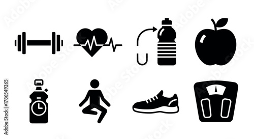 Black silhouette icons depicting gym equipment, heart health, hydration, nutrition, meditation, fitness footwear, and weight scale for a healthy lifestyle.