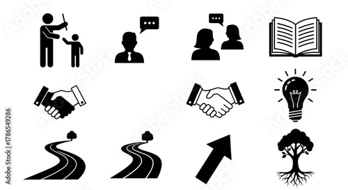 Collection of black icons depicting people interacting, trees, a light bulb, and an open book. includes symbols of a teacher instructing, a handshake, and branching paths.