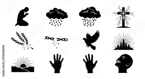 Black silhouette icons depicting prayer, rain clouds, broken chains, a flying dove, a cross, a sunrise, and reaching hands, symbolizing freedom, faith, and hope.
