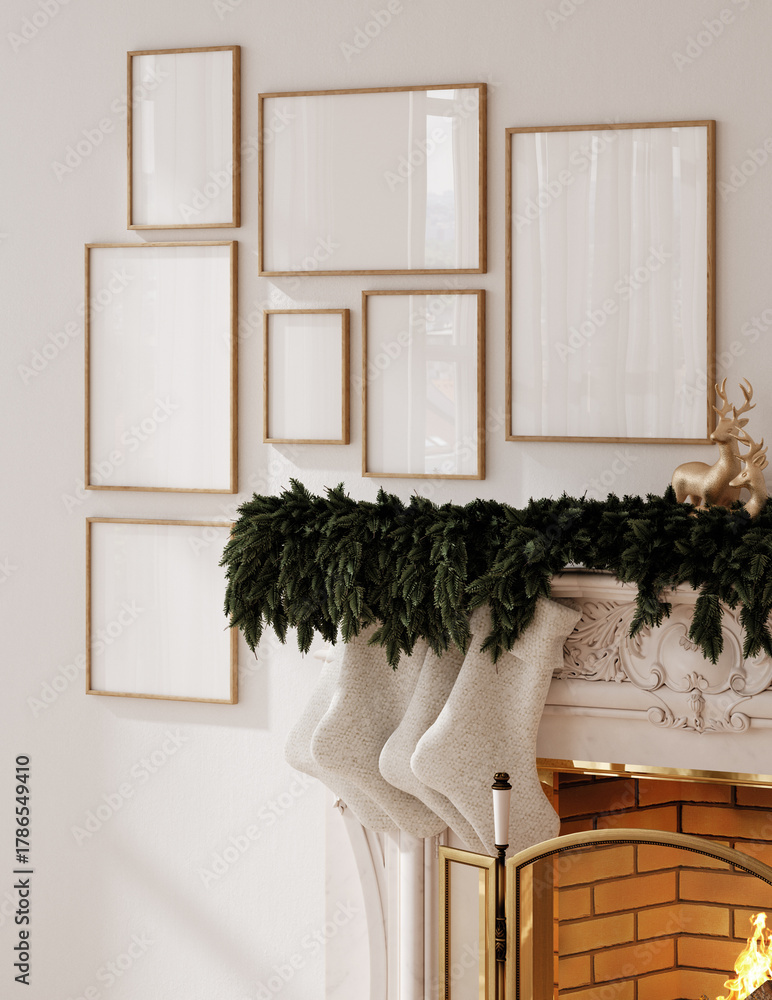 Naklejka premium Christmas poster frame mockup in Scandinavian interior with fireplace and decoration, 3d render