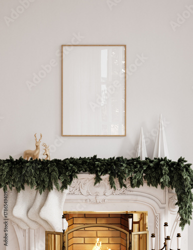 Christmas poster frame mockup in Scandinavian interior with fireplace and decoration, 3d render
