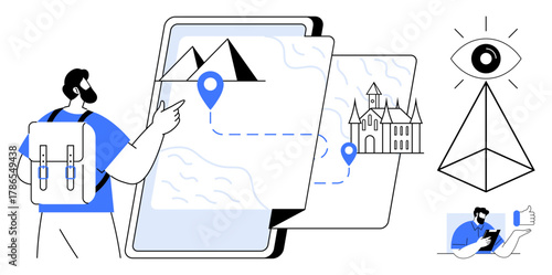 Traveler with backpack pointing at a digital map showcasing pathways, landmarks, and pyramids. Ideal for travel, navigation, hiking, tourism, exploration geography wanderlust. A clean flat metaphor