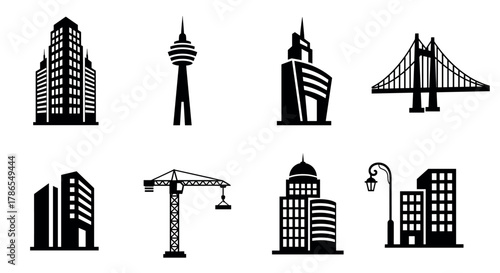 Black silhouette icons of urban elements including skyscrapers, a communications tower, a bridge, a construction crane, and a street lamp.