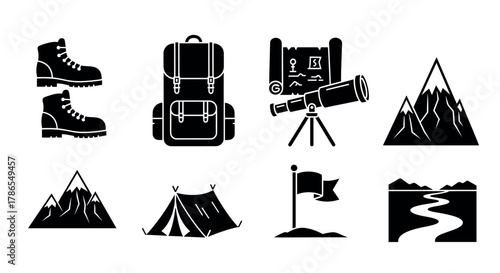 Black silhouette icons depicting outdoor adventure gear, including hiking boots, a backpack, a telescope, and various mountain landscapes.
