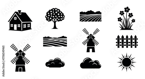 Set of black silhouette icons depicting a house, a tree with stars, agricultural fields, windmills, a picket fence, flowers, clouds, and a sun.