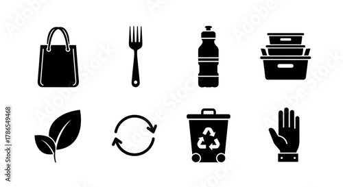Black silhouette icons of eco-friendly items, including a reusable bag, fork, water bottle, food containers, leaf, recycling symbol, trash bin, and hand.