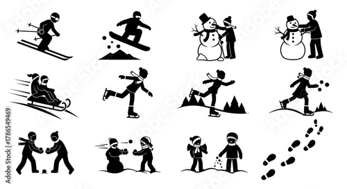 Black silhouette icons depicting various winter activities including skiing, snowboarding, building snowmen, sledding, ice skating, and snowball fighting.