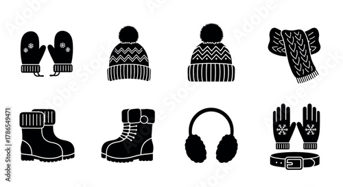 Black silhouette icons of winter accessories including mittens, hats, a scarf, boots, earmuffs, and a belt, all decorated with simple patterns.