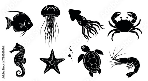 Silhouette collection of diverse aquatic animals, including a fish, jellyfish, squid, crab, seahorse, starfish, turtle, and shrimp in various poses.
