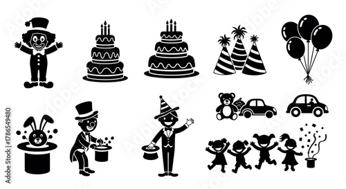 Black silhouette icons depicting a clown, birthday cakes, party hats, balloons, magician, teddy bear, cars, children playing, and sparklers.