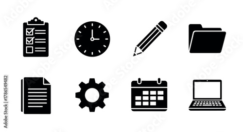 Various office-related icons including a checklist, clock, pencil, folder, document, gear, calendar, and laptop arranged in a grid format.