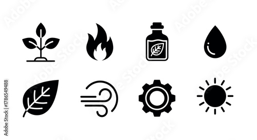 A collection of eight black icons depicting nature and elemental symbols, including a plant, fire, potion, water drop, leaf, wind, gear, and sun.