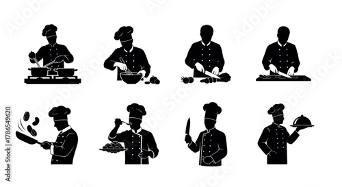Black silhouette icons of male chefs in uniform performing various cooking tasks, such as stirring, chopping, sautéing, and serving food.