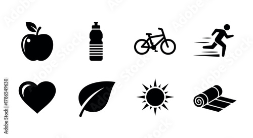 Black icons depicting health-related items; includes an apple, water bottle, bicycle, runner, heart, leaf, sun, and yoga mat in a minimalist style.