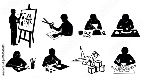 Silhouettes of people engaging in various artistic activities, including painting, cutting paper, and origami, depicted in a side profile view.