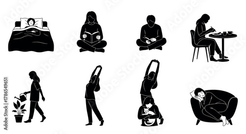 Silhouette illustrations depicting various daily activities of women, including reading, exercising, and relaxing at home.