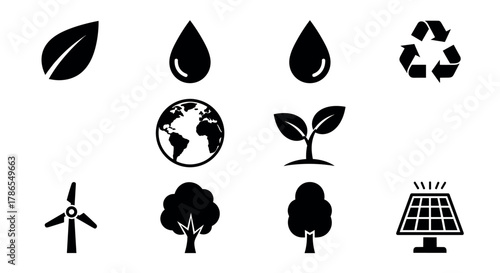Black silhouette icons representing environmental concepts, including leaves, water droplets, recycling symbol, globe, plant, wind turbine, trees, and solar panel.